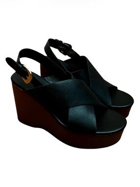 Old Navy Size 8 Black Boho Wedge Crisscross Faux Leather Platform Sandals Shoes